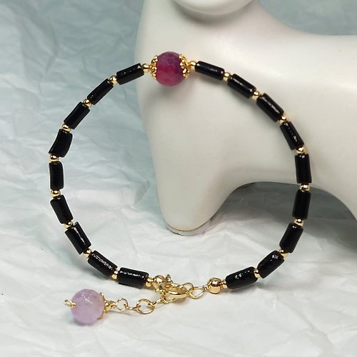 善觀手作 手鍊 天然 紅寶石 黑珊瑚 粉紫水晶 手珠 包金 寶石 飾品 首飾