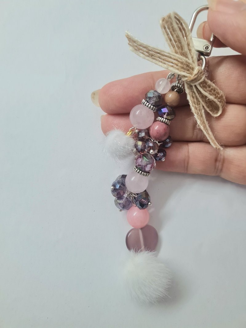 Keychain, genuine Stone, Rhodonite, Rose Quartz / Natural Stone Keychain - Keychains - Stone Pink