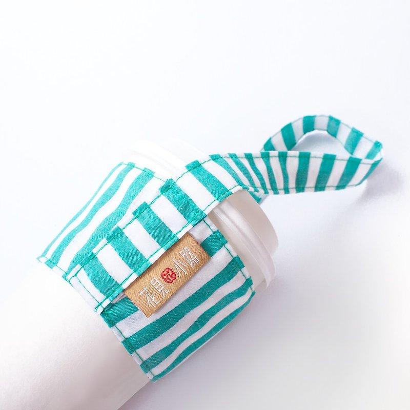 Sold out | Flowers see a cup bag. Summer striped flower cloth. Cotton cloth. Handmade. Fresh blue green tone - ถุงใส่กระติกนำ้ - ผ้าฝ้าย/ผ้าลินิน สีน้ำเงิน