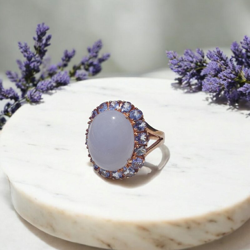 Chalcedony ring with Tanzanite setting in 925 silver - 戒指 - 寶石 藍色