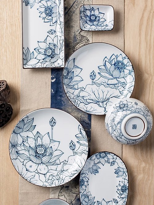 謝氏家瓷 高端日式荷花餐具套裝 復古釉下彩湯碗飯碗菜盤魚盤湯勺餐盤
