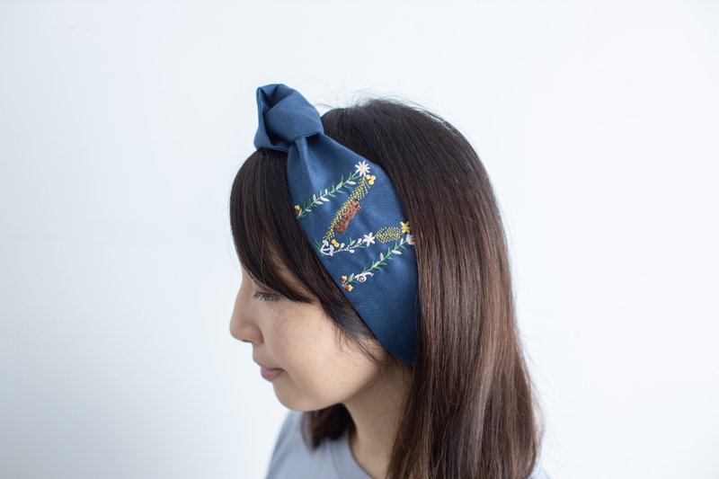 マウンテンフォレスト刺繡宝石 - ヘアバンド．カチューシャ - コットン・麻 ブルー