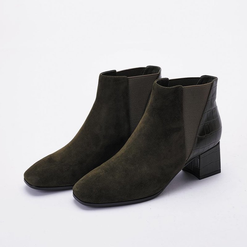 零碼【女王優雅】全真皮切爾西拼接跟靴_高雅墨綠 - 女短靴/中筒靴 - 真皮 綠色