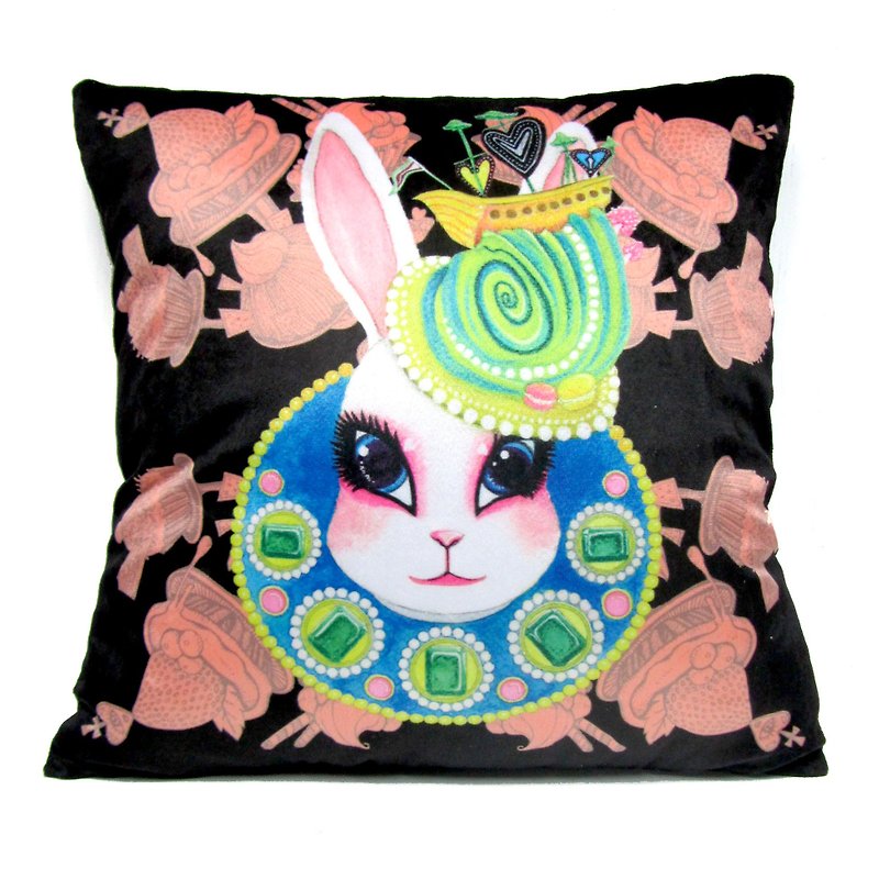 《Gookaso》黑色 兔子皇后 卡通印花抱枕 45x45cm 原創設計 - 枕頭/咕𠱸 - 聚酯纖維 黑色