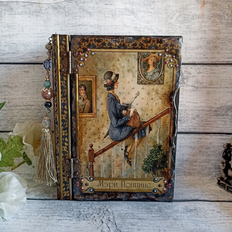 Vintage Book box,Mary Poppins, Tarot books,Tarot card box,Jewelry box, Adventure - 居家收納/收納盒/儲物盒 - 木頭 橘色