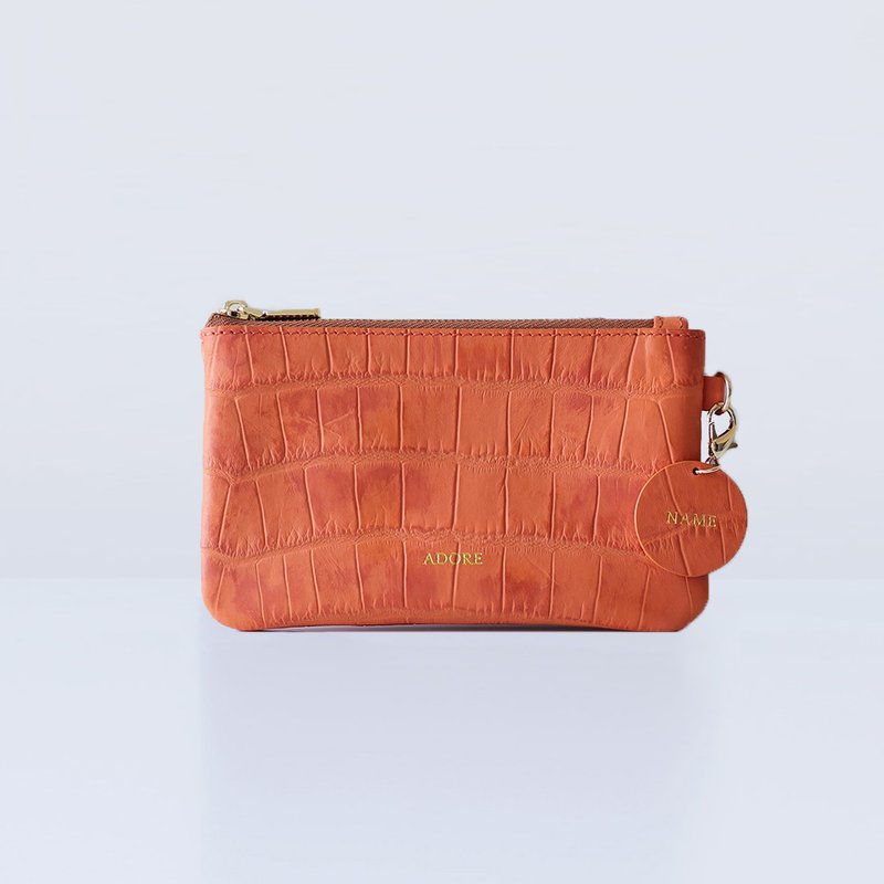 Handmade leather Coin Purse with Personalized Name Stamp - Juicy Orange - 零錢包/小錢包 - 真皮 橘色