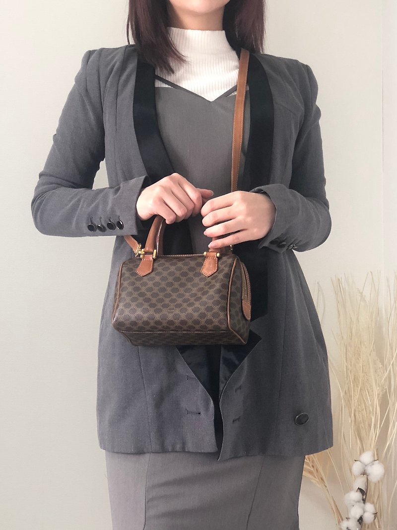 [Delivered directly from Japan, brand name used packaging] CELINE Macadam PVC leather 2WAY shoulder bag mini Boston handbag Brown cwhfnd - Messenger Bags & Sling Bags - Genuine Leather Brown