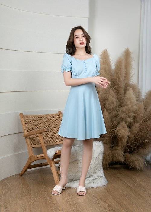 ameliadress Blue dress puff sleeve vintage retro style sundress cute handmade dress