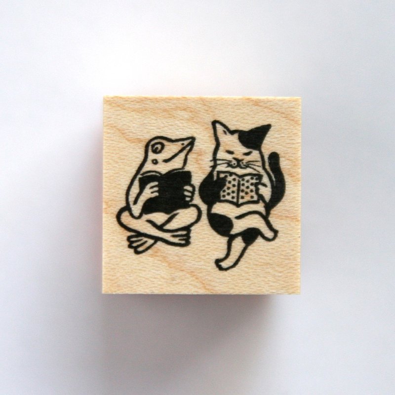 スタンプ　猫とカエルが読書 - 印章/印台 - 木頭 卡其色