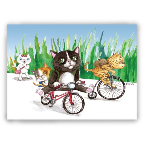 DuDo Shop 土豆屋 手繪插畫萬用卡/明信片/卡片/插畫卡--小貓騎車上學