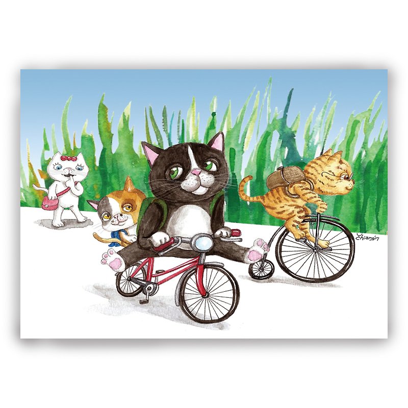 Hand-painted illustration universal card/postcard/card/illustration card--kitten rides to school - Cards & Postcards - Paper 