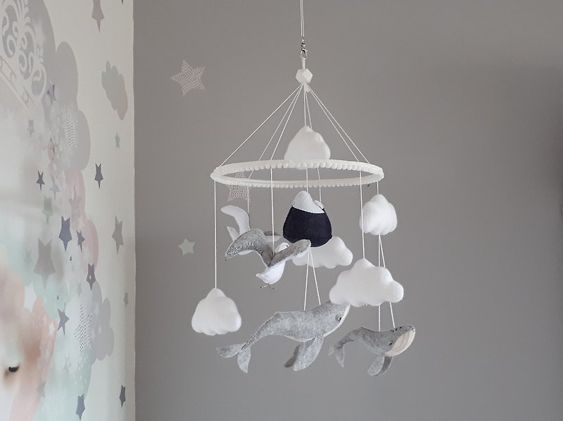 Whale baby mobile, Marine mobile nursery with seagulls, Nautical - Kids' Toys - Other Materials Silver