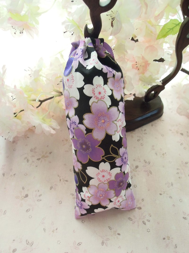 "Toruyunge" black pink and purple cherry blossom handmade hairpin pouch storage bag - Hair Accessories - Cotton & Hemp 