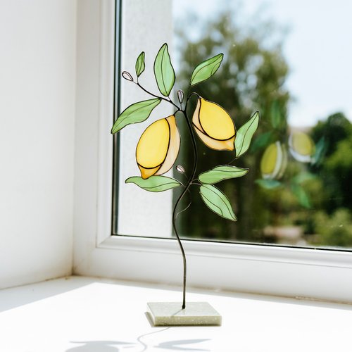 ステンドグラス　レモンモチーフのパネル 現品限り ステンドグラス レモンモチーフのパネル(スタンド付