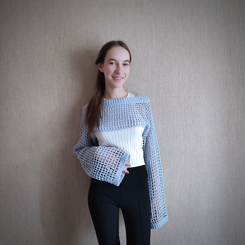 StudioArtOlga Cropped sweater for a girl. Crochet sweater. Crocheted sleeves. Blue sweater.