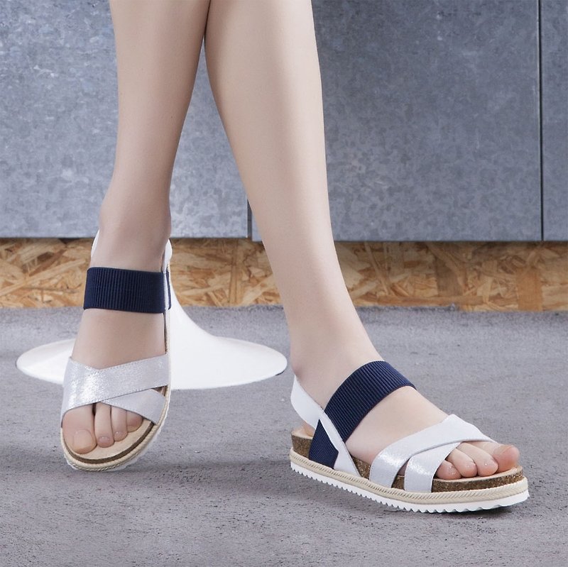 Maffeo Sandals Ethereal Face Genuine Leather Sandals Crossover Broadband Visual Thin QQ Cushion Sandals (7213) - รองเท้ารัดส้น - หนังแท้ สีเงิน