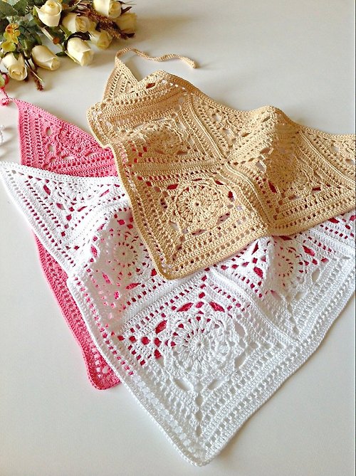 KartaKnitwear 頭巾方巾鏤空鉤編棉米色粉紅色白色