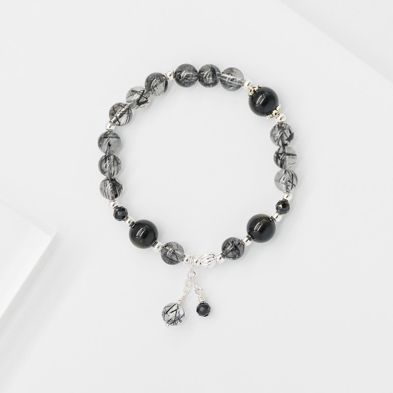 Dark Night | Black hair crystal gold sand obsidian 925 Silver crystal bracelet to ward off evil spirits - สร้อยข้อมือ - คริสตัล สีดำ