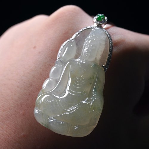 瓔珞珠寶盒 E.L.Jewelry Box 冰黃飄綠花翡翠觀音菩薩項鍊 18K金鑽石 | 天然緬甸玉翡翠A貨