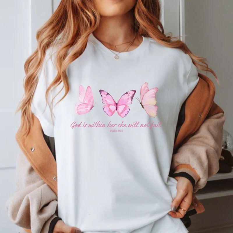 she will not fail Psalm 46:5 Bible verse pink butterfly unisex crop top - เสื้อยืดผู้หญิง - ผ้าฝ้าย/ผ้าลินิน ขาว