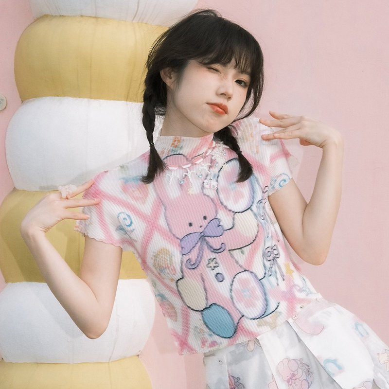 Meugler牛稠島動物天堂 兔子電話夏日印花褶皺上衣 少女半袖短T恤 - 女上衣/長袖上衣 - 其他人造纖維 粉紅色