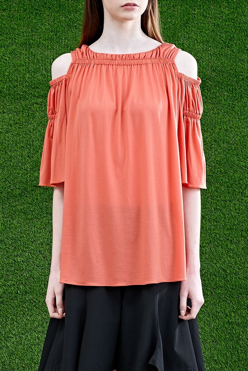 [Seasonal sale] Orange pleated knitted top - เสื้อผู้หญิง - ผ้าฝ้าย/ผ้าลินิน สีส้ม