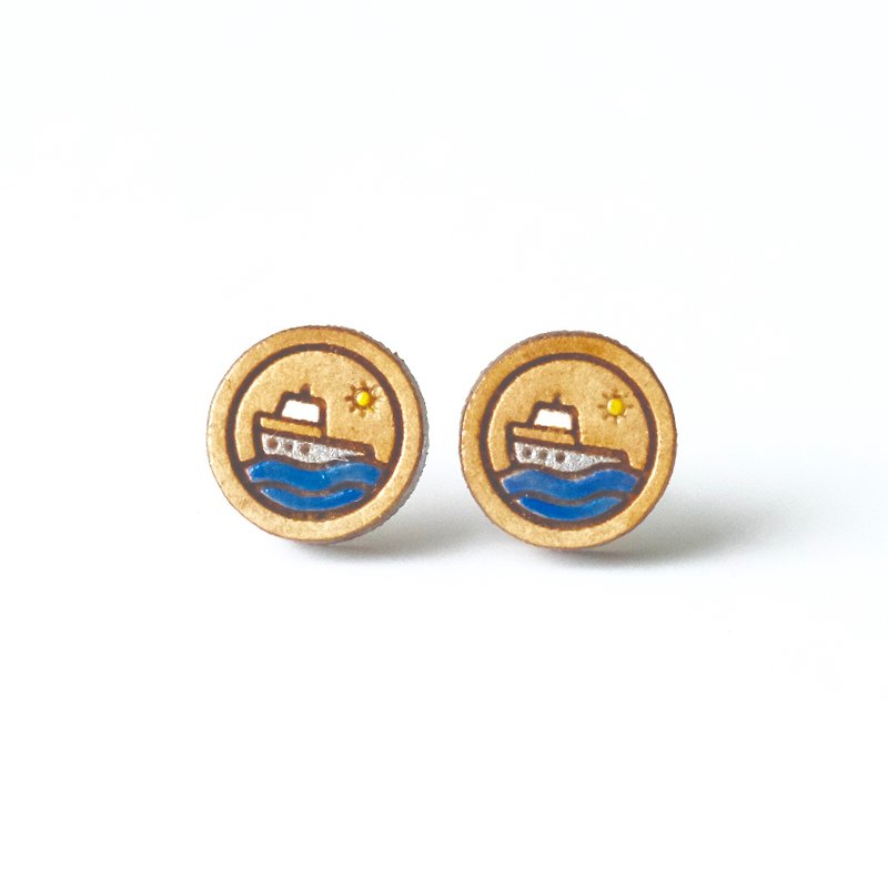 Painted wood earrings-Ferry - ต่างหู - ไม้ สีน้ำเงิน