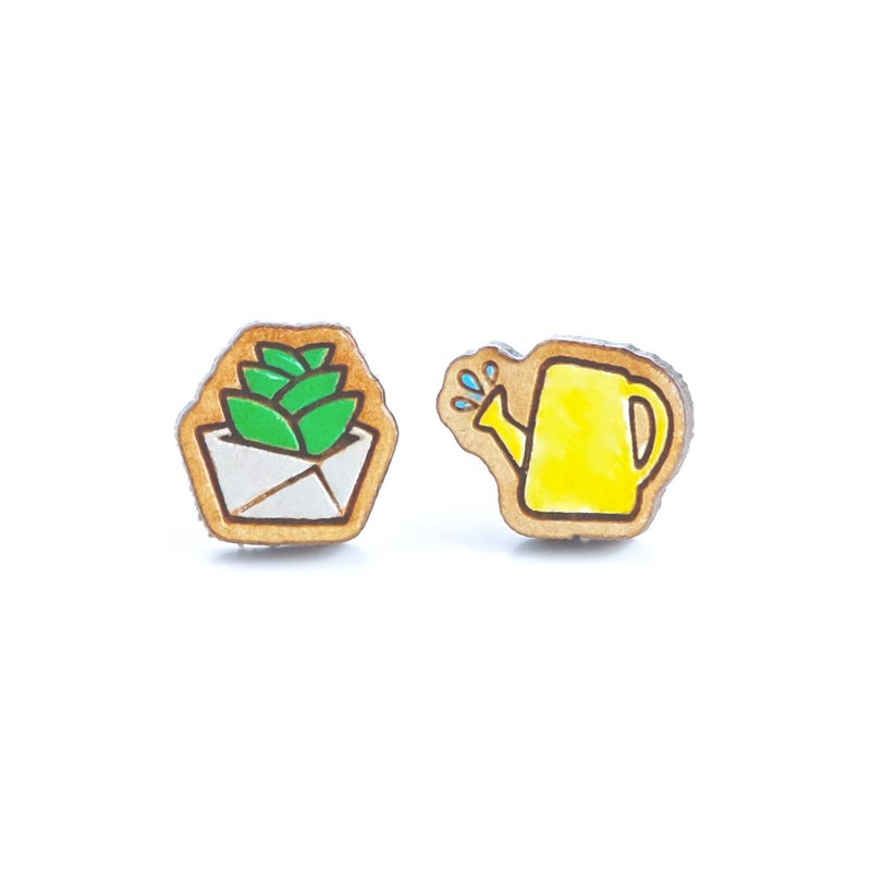 Painted wood earrings-Succulent plant＆Plant Waterer (2) - ต่างหู - ไม้ สีเขียว