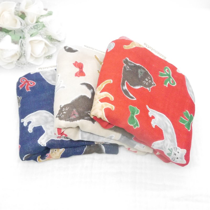 Cat Ribbon Soft to the touch 8-ply gauze handkerchief Made in Japan Handmade 20×20cm/8×8inch - Handkerchiefs & Pocket Squares - Cotton & Hemp Multicolor