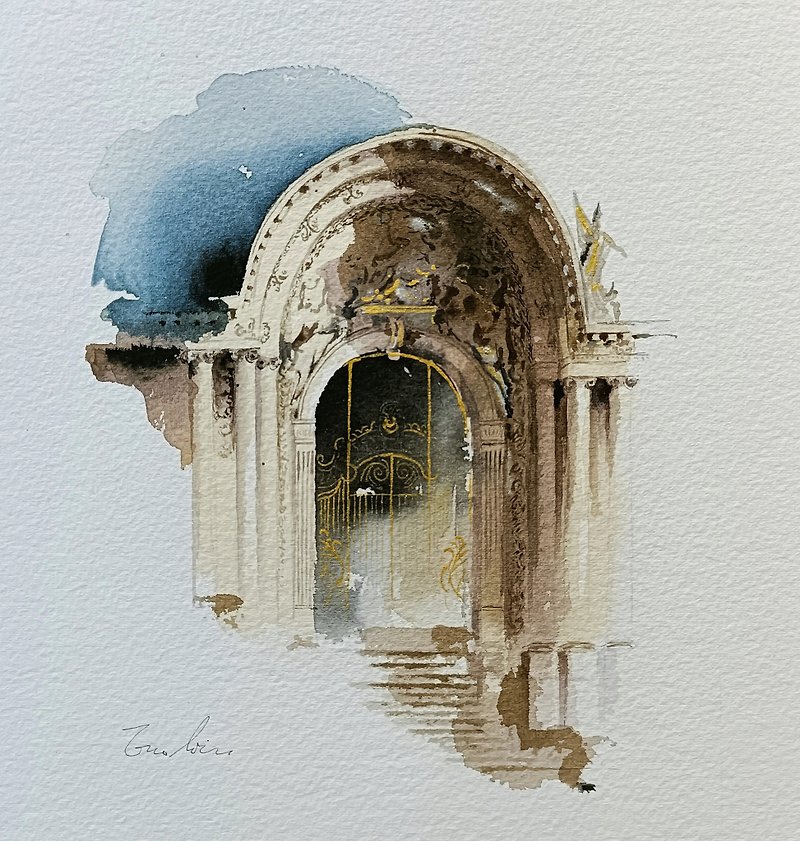 Enmo Lin French architectural watercolor painting-Original painting - Posters - Paper Brown