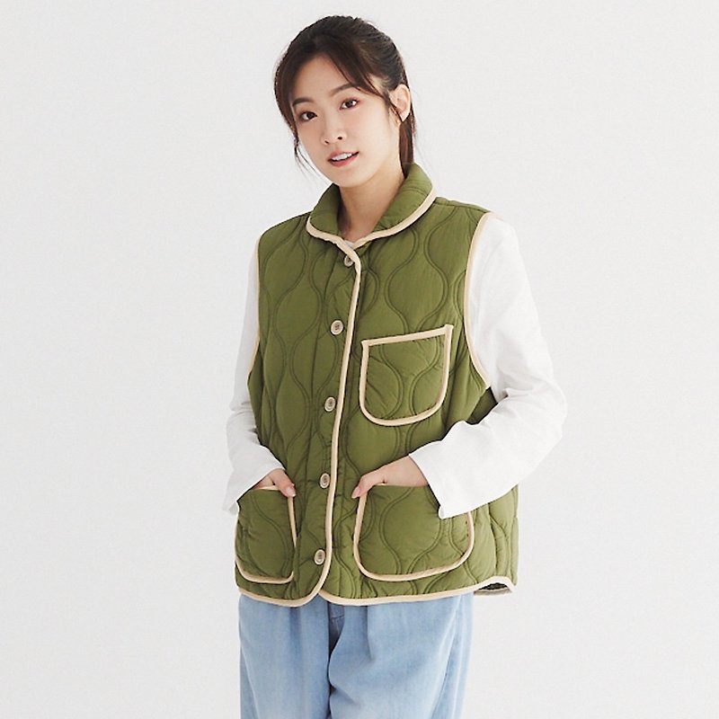 【Simply Yours】Contrast piping quilted cotton vest.Green F - Women's Vests - Cotton & Hemp Green