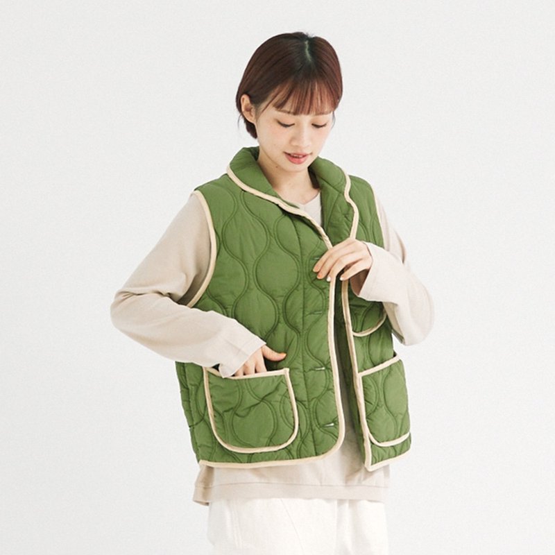 【Simply Yours】Contrast piping quilted cotton vest.Green F - Women's Vests - Cotton & Hemp Green