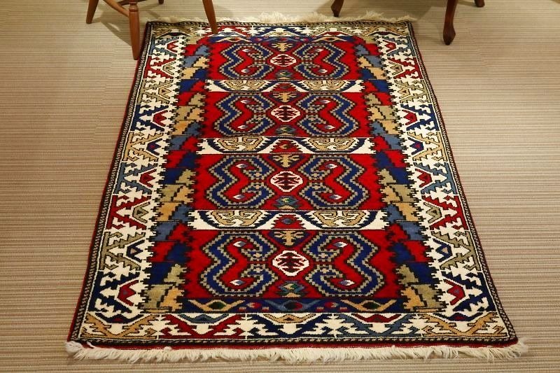 ハンドメイド ラグ 手織り 絨毯 リビングサイズ アンティークデザイン トルコ キリム 194×114cm - 被/毛毯 - 其他材質 紅色