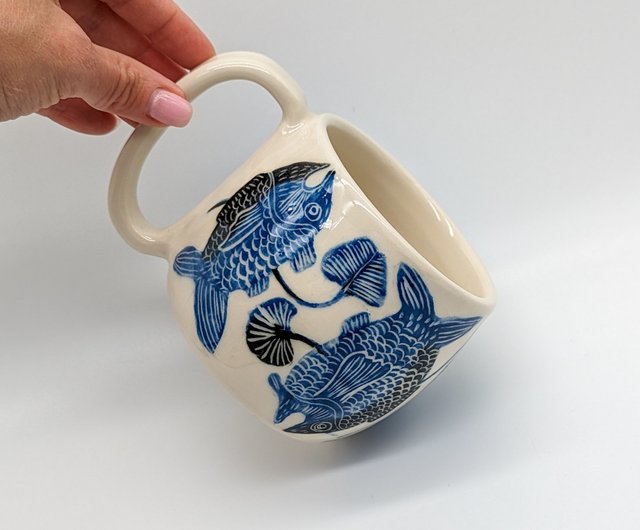 陶器カップ 350 ml (11.8 オンス) 魚の模様、手作り陶器、陶器