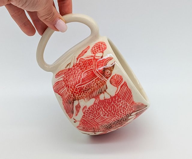 陶器カップ 350 ml (11.8 オンス) 魚の模様、手作り陶器、陶器