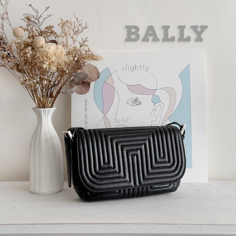 極新美品 BALLY Vintage 幾何線條衍縫黑色真皮小肩背包腋下包 - 側背包/斜背包 - 真皮 黑色
