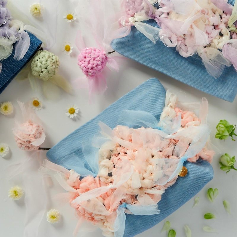 咲き編みフラワーポーチ || Lovely Pastel - 化妝袋/收納袋 - 其他材質 粉紅色
