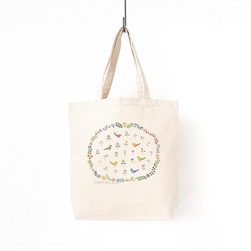 Let's take a walk together. Can store A4 size. Tote bag secret garden of bird and flower lover TB-89 - กระเป๋าถือ - ผ้าฝ้าย/ผ้าลินิน สีกากี