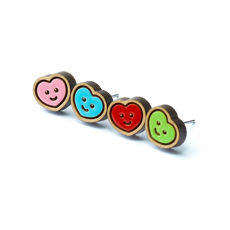Painted wood earrings-smile heart (pink&blue) - ต่างหู - กระดาษ หลากหลายสี