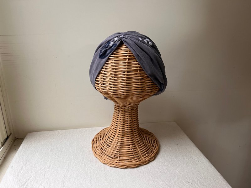 灰吊鐘刺繡款-森系2 W A Y二重紗髮帶ヘアバンド - 髮箍/髮帶 - 棉．麻 