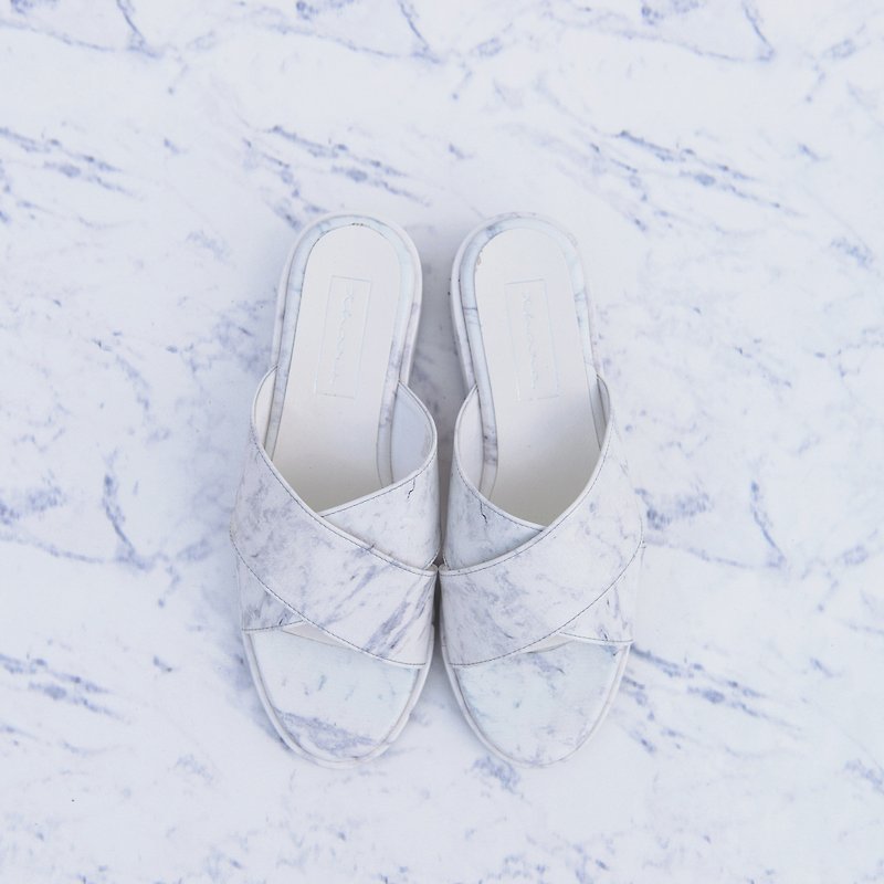 Marble cross sandals shoes - White marble - รองเท้ารัดส้น - หนังแท้ ขาว