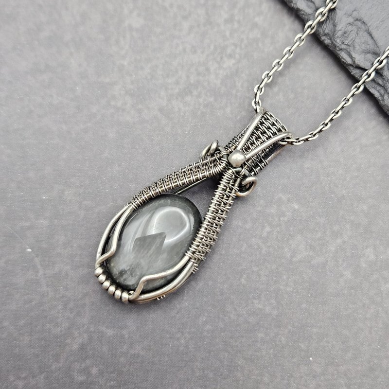 Eagle's Eye Stone Wire Wrapped Pendant , Silver , Oxidized - Necklaces - Sterling Silver Gray