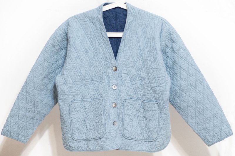 印度有機棉外套 印度棉純棉 手工拼接菱形鋪棉外套-天空藍色藏青 - 女大衣/外套 - 棉．麻 藍色