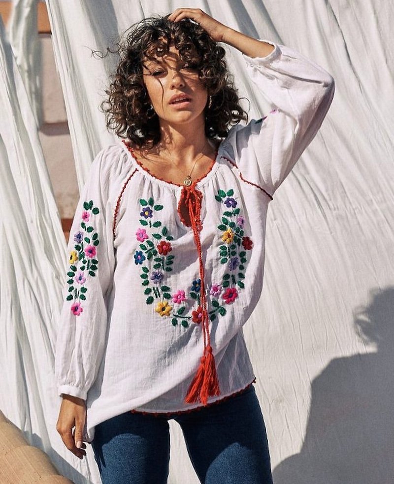 BOHO HANDMADE COTTON EMBROIDERED BLOUSE, LONG SLEEVES FLORAL EMBROIDERED BLOUSE - Women's Tops - Cotton & Hemp White