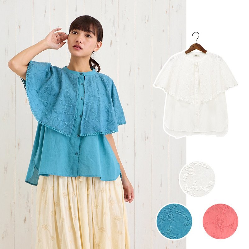 [Pre-order] Indian-made cape embroidered shirt with small flowers - เสื้อผู้หญิง - ผ้าฝ้าย/ผ้าลินิน สีน้ำเงิน