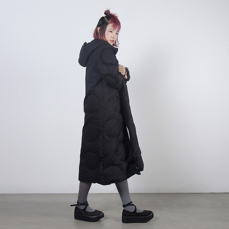Black lace long section down jacket coat - imakokoni - Women's Casual & Functional Jackets - Cotton & Hemp Black