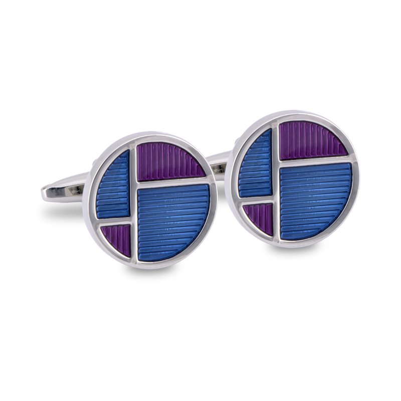 Round Deco Cufflinks in Blue and Purple Enamel - Cuff Links - Precious Metals 