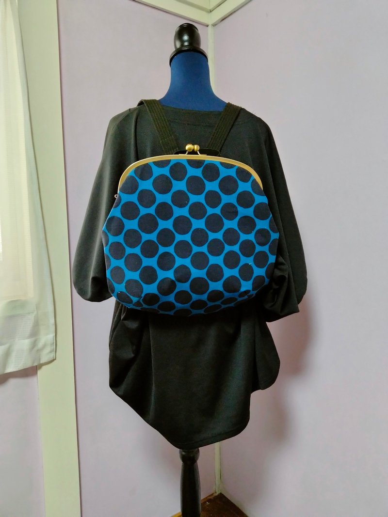 Blue x Dark Navy DOT Backpack - กระเป๋าเป้สะพายหลัง - ผ้าฝ้าย/ผ้าลินิน สีน้ำเงิน