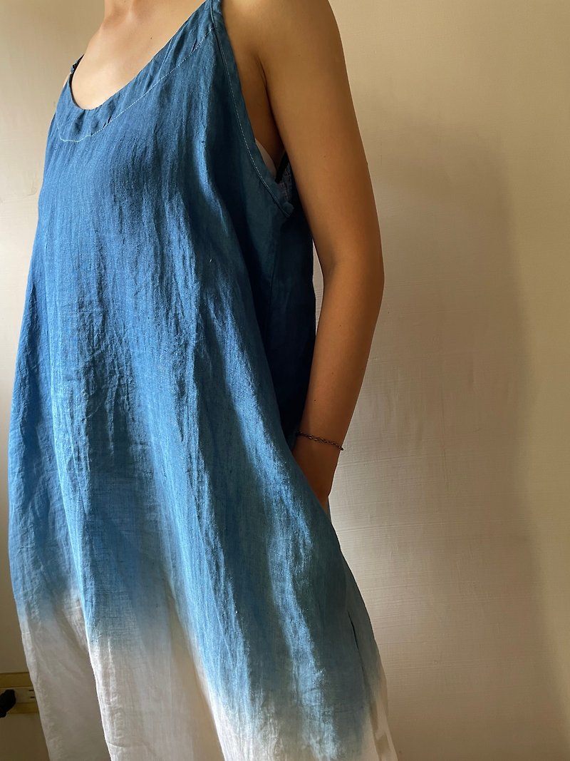 Blue ocean-linen thin shoulder strap mid-length dress - One Piece Dresses - Linen White