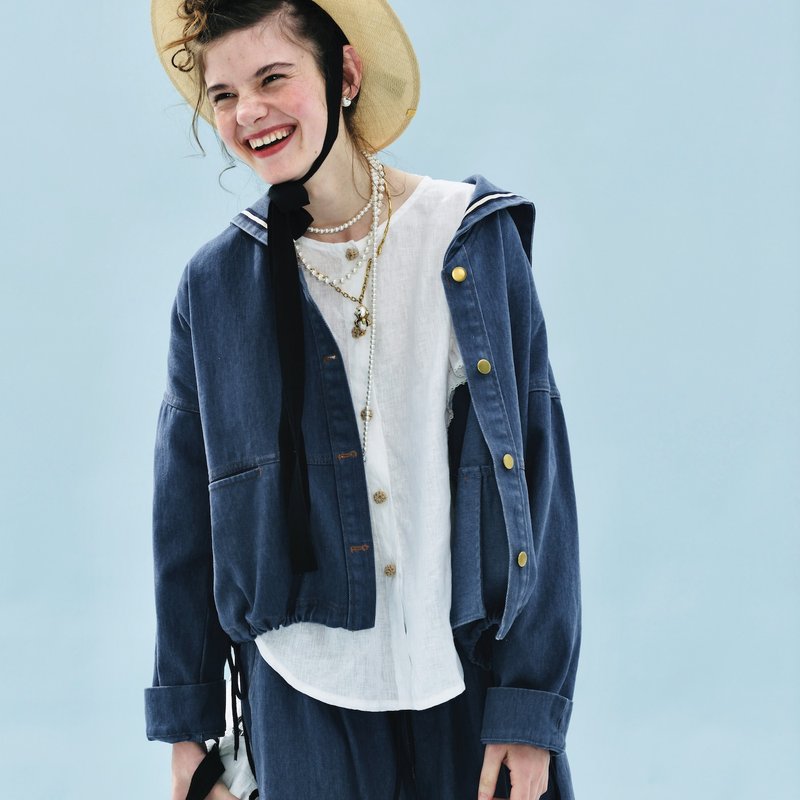 Navy Collar Denim Jacket / Washed Cotton - เสื้อแจ็คเก็ต - ผ้าฝ้าย/ผ้าลินิน สีน้ำเงิน